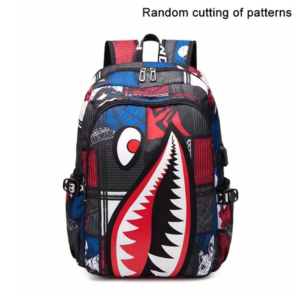 Shark Pattern Backpack, Trendy Nylon Student School Bag - Picture 2 of 9